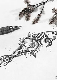 线条鱼手稿纹身图案