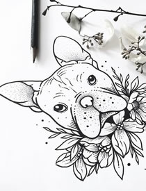 狗狗花卉纹身图片手稿