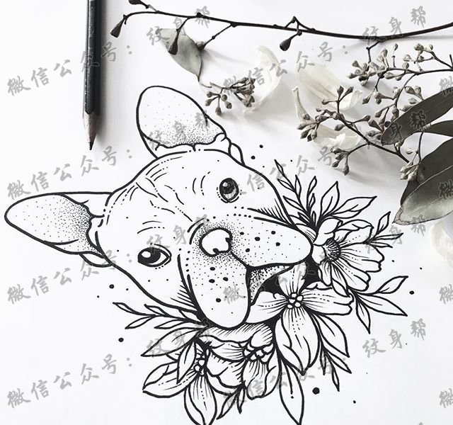 狗狗花卉纹身图片手稿