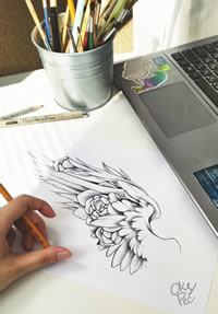 翅膀玫瑰纹身手稿