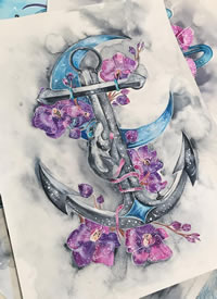 船锚花色彩纹身手稿