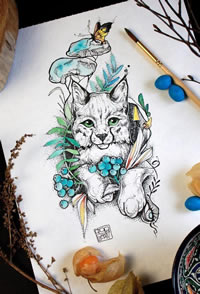 点刺猫咪色彩花纹身手稿