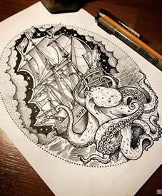 帆船章鱼纹身手稿