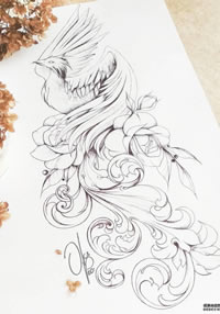 黑灰凤凰纹身手稿