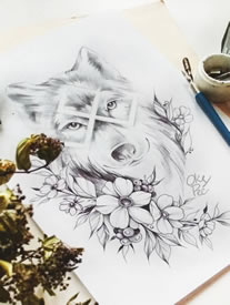 狗狗花卉纹身手稿