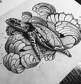 黑灰海龟浪花贝壳纹身手稿