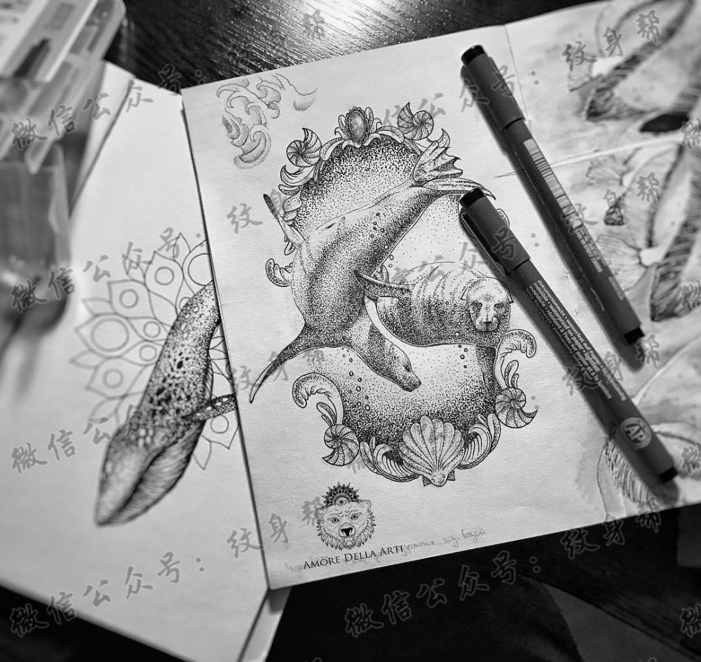 黑灰海狮点刺贝壳纹身手稿