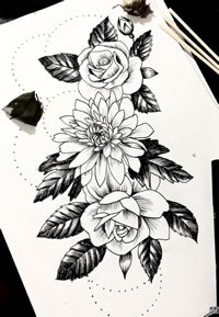 黑灰玫瑰点刺纹身手稿