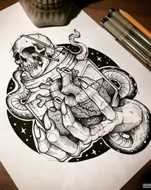 黑灰骷髅心脏蛇纹身手稿