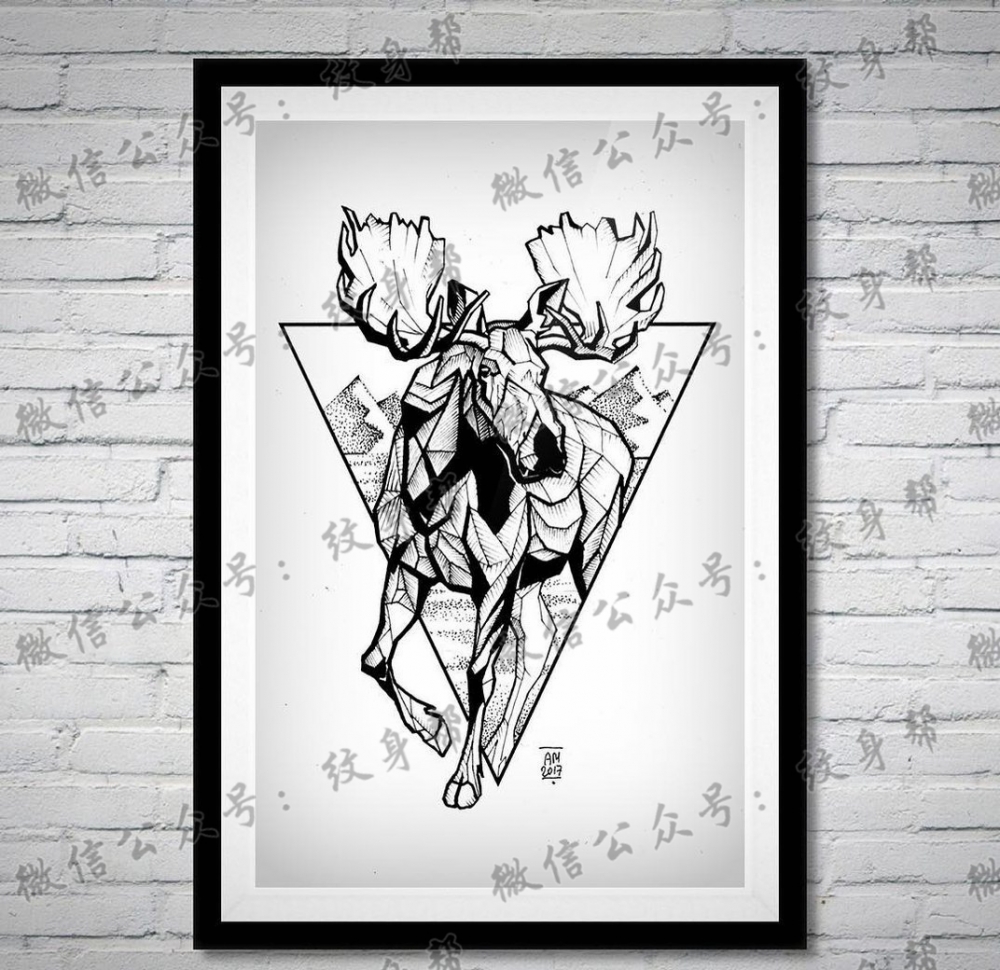 黑灰鹿几何纹身手稿