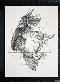 黑灰猫头鹰几何纹身手稿