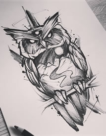 黑灰猫头鹰纹身手稿