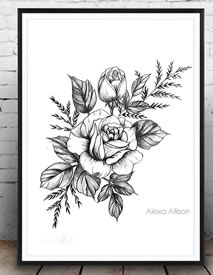 黑灰玫瑰叶子文身手稿