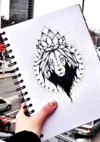 黑灰狮子点刺纹身手稿