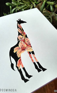 色彩花长颈鹿纹身手稿