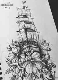 黑灰花朵帆船文身手稿