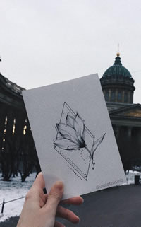 黑灰花朵几何文身手稿