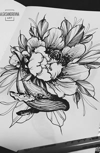 黑灰花朵鲸鱼纹身手稿