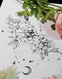 黑灰花朵眼睛月亮纹身手稿