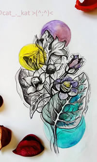 色彩花朵叶子圆球纹身手稿