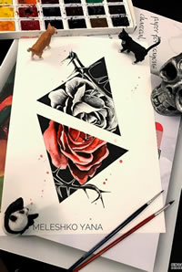 黑灰色彩几何玫瑰文身手稿