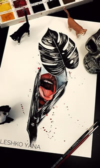 色彩剪刀舌头树叶文身手稿