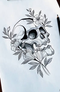 黑灰骷髅花纹身手稿