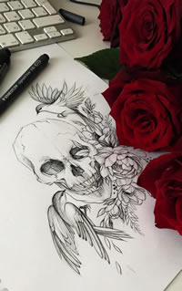 黑灰骷髅花小鸟纹身手稿