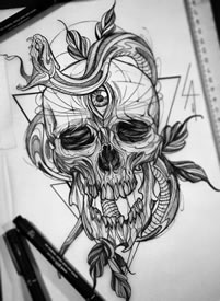 黑灰骷髅蛇文身手稿