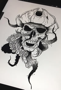 黑灰骷髅船长章鱼纹身手稿