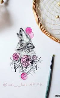 色彩狼花纹身手稿