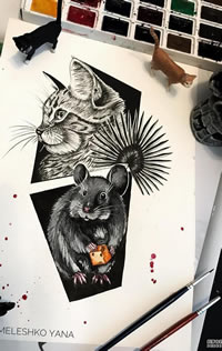 黑灰猫咪老鼠纹身手稿