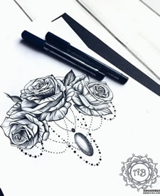 黑灰玫瑰纹身手稿
