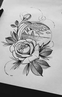 线条玫瑰夕阳纹身线稿