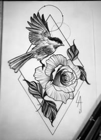黑灰鸟花纹身手稿