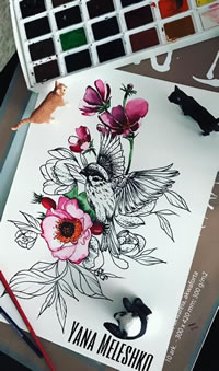 色彩鸟花纹身手稿