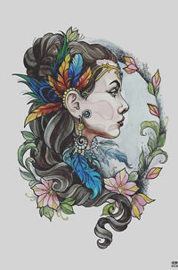 色彩女郎花环纹身手稿