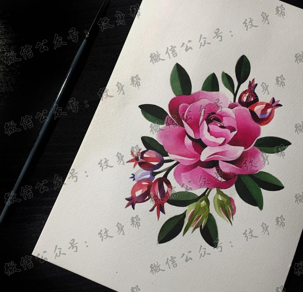 色彩蔷薇纹身手稿