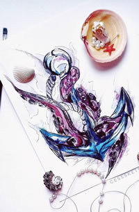 色彩船锚纹身手稿