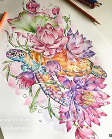 色彩海龟花纹身手稿