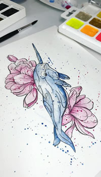 色彩花海豚纹身手稿