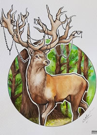 色彩鹿纹树木身手稿