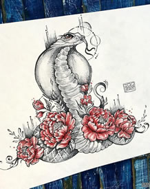 色彩蛇牡丹文身手稿