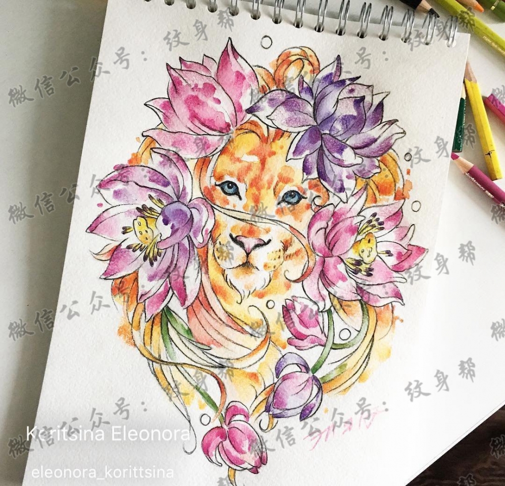 色彩狮子花纹身图案