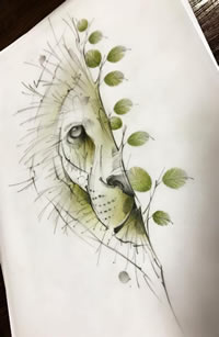 色彩狮子树叶文身手稿