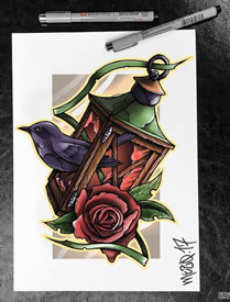 色彩乌鸦玫瑰文身手稿