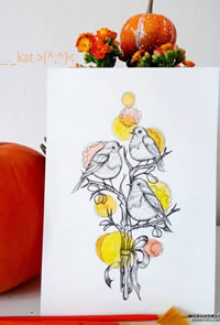 色彩树枝小鸟纹身手稿