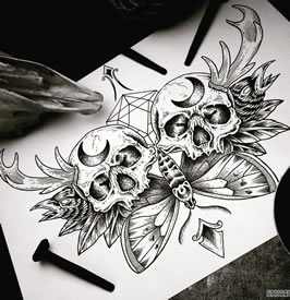 黑灰双骷髅鹿角蛾纹身手稿