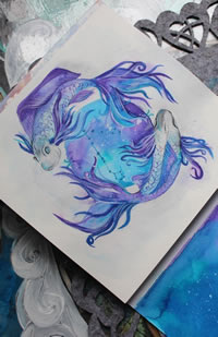 色彩双鱼星座纹身手稿