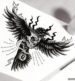 黑灰乌鸦骷髅纹身手稿